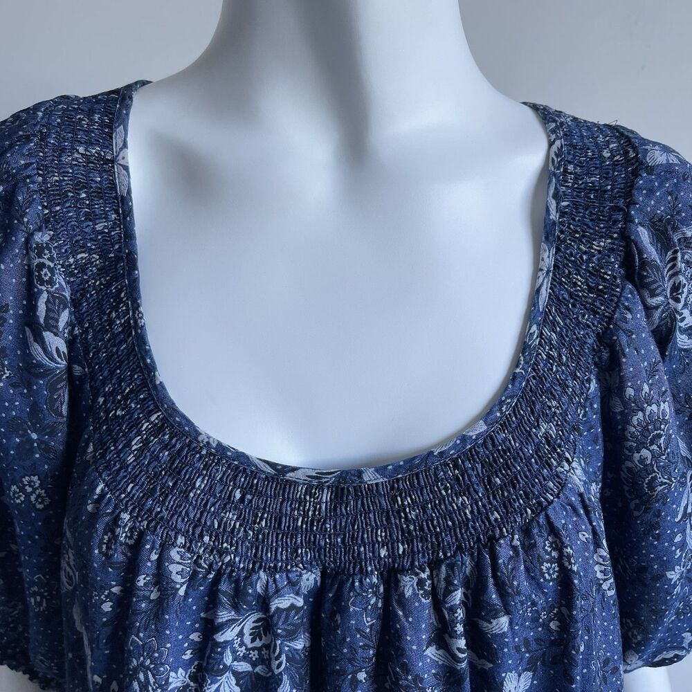 Torrid‎ Plus Size 1X Chambray Floral Puff Sleeve Smocked Tiered Dress Blue - Picture 4 of 13